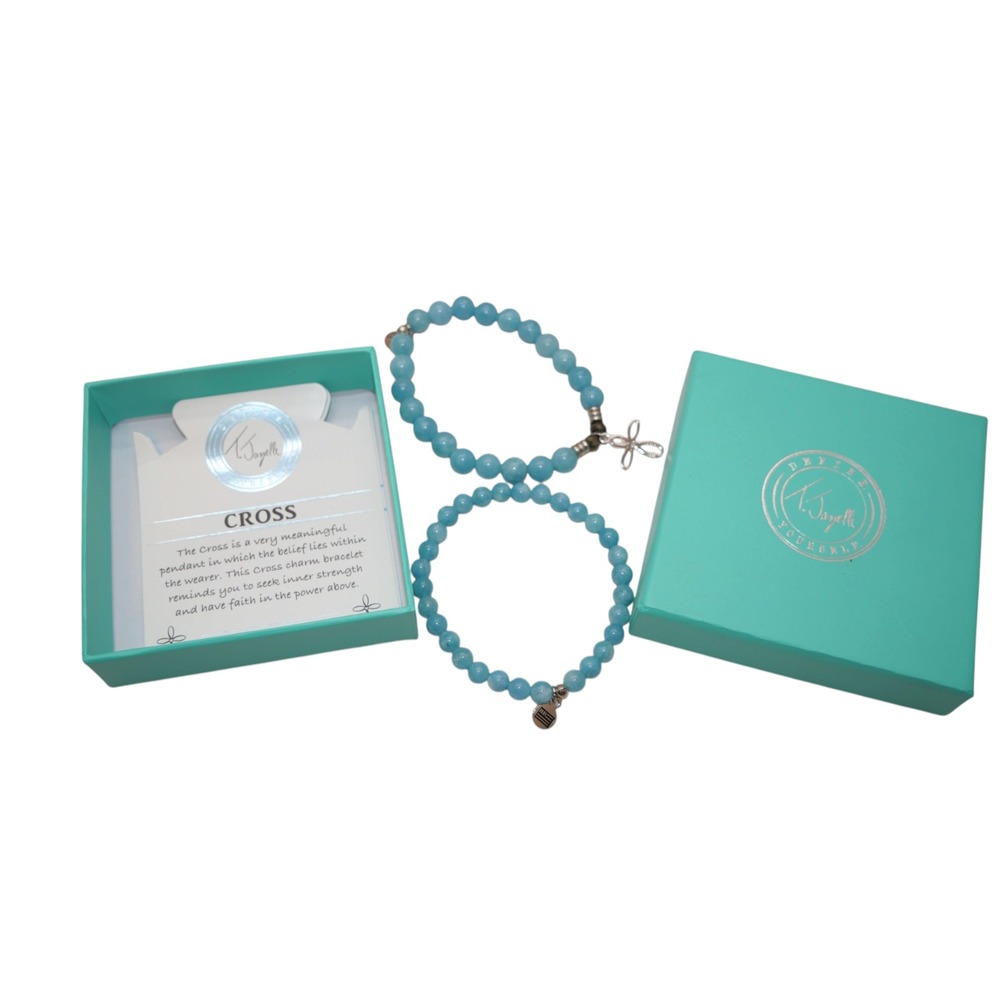T. Jazelle Blue Quartz Beaded Cross Charm Bracelet Set Silver Tone Boxed